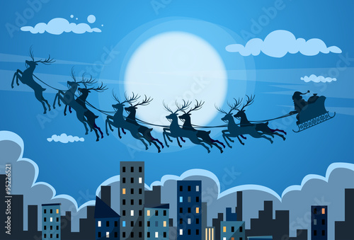Santa Claus Sleigh Reindeer Fly Sky over City Skyscraper Night View Cityscape Snow Skyline Christmas New Year Card