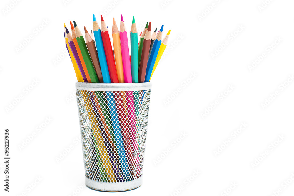 Colored pencils in a pencil case on white background Stock Photo