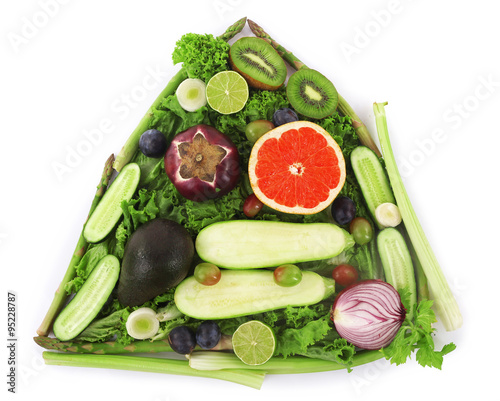 Close-up composition of various raw organic vegetables and fruit isolated on white