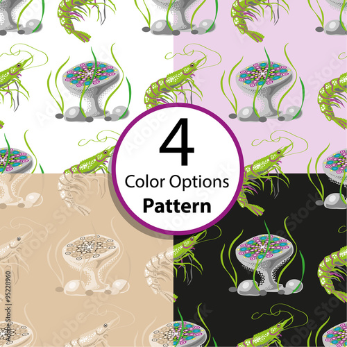 Four options seamless pattern with shrimp and jellyfish