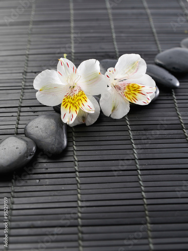 spa stones with white orchid on bamboo mat