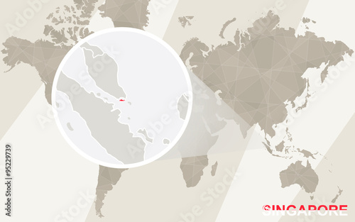 Zoom on Singapore Map and Flag. World Map.