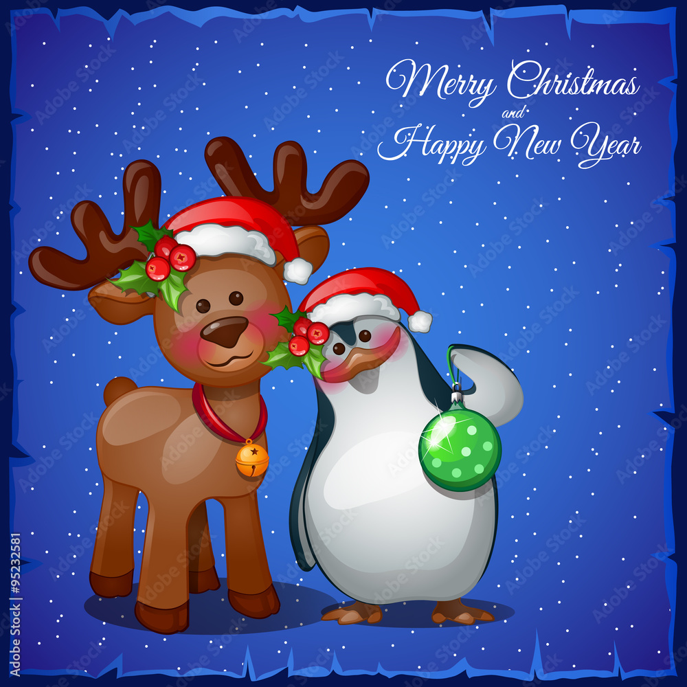 Deer cuddling with snowman on a blue background Deer cuddling with snowman on a blue background