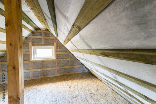 Bilde på lerret Attic with vapor barrier and window