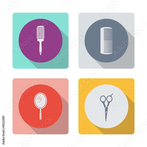 Buttons with shadow. Comb vector icon. Hand mirror vector icon. Scissors vector icon.