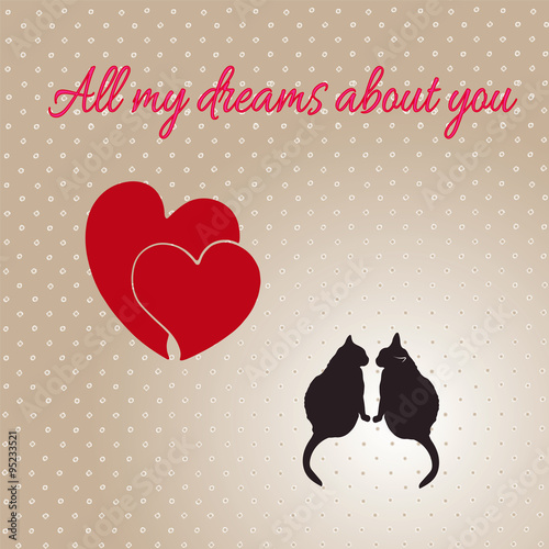 Card with hearts and cats for Valentine's day. Vector illustration. Eps8.