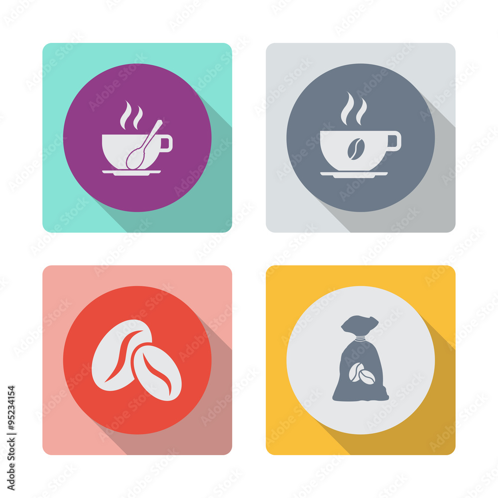 Buttons with shadow. Coffee cup vector icon.Coffee beans vector icon. Coffee bag vector icon.