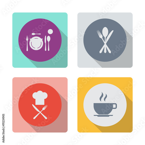 Buttons with shadow. Plate with spoon, knife, napkin, cup and fork. Cutlery - knife, fork and spoon icon. Cooks hat with fork and knife vector icon. Coffee cup vector icon.