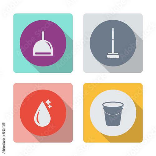 Buttons with shadow. Dustpan icon. Broom vector icon. Water drop icon. Bucket vector icon.