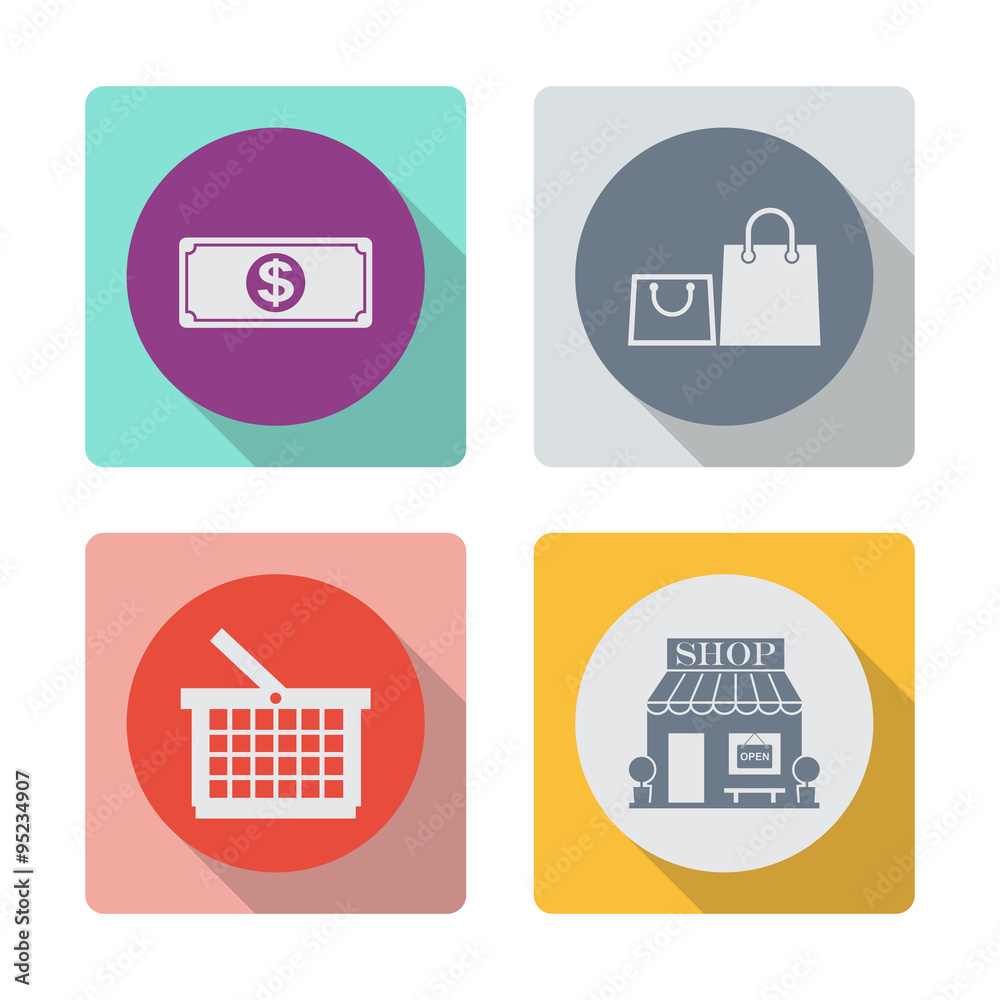 Buttons with shadow. Dollar vector icon. Shopping bag icon. Shopping basket vector icon. Shop vector icon. Buttons with shadow. Dollar vector icon. Shopping bag icon. Shopping basket vector icon. Shop vector icon.