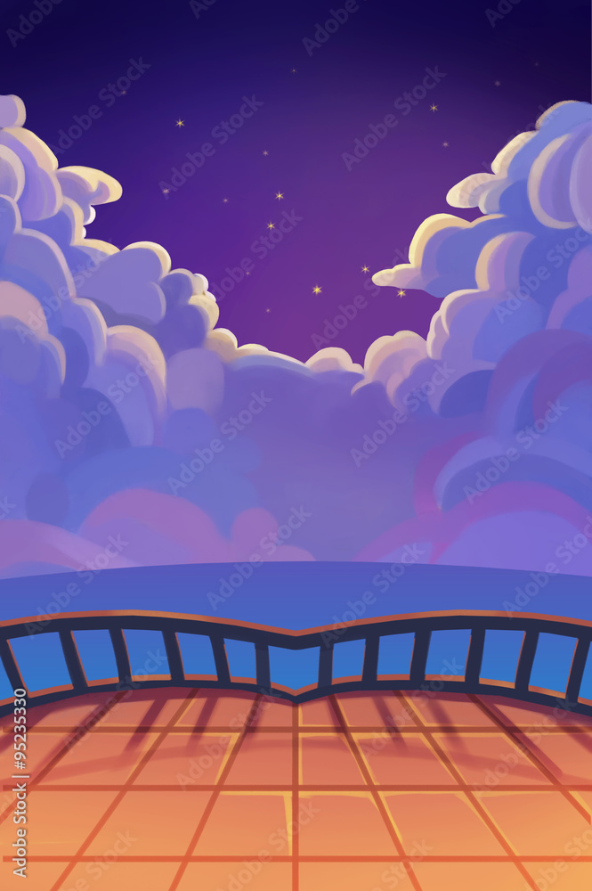 Illustration: The Beautiful Starry Night with Clouds. Balcony View.  Realistic Cartoon Style Scene / Wallpaper / Background Design. Stock  Illustration | Adobe Stock
