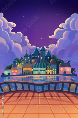 Illustration: The Beautiful Town View from Balcony in the Starry Night. Realistic Cartoon Style Scene / Wallpaper / Background Design.