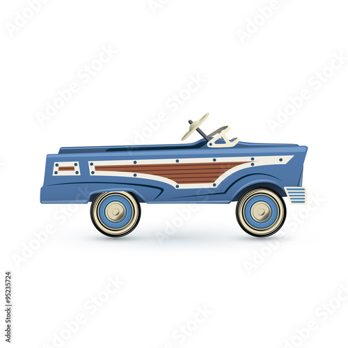 Vintage, old blue toy pedal car.