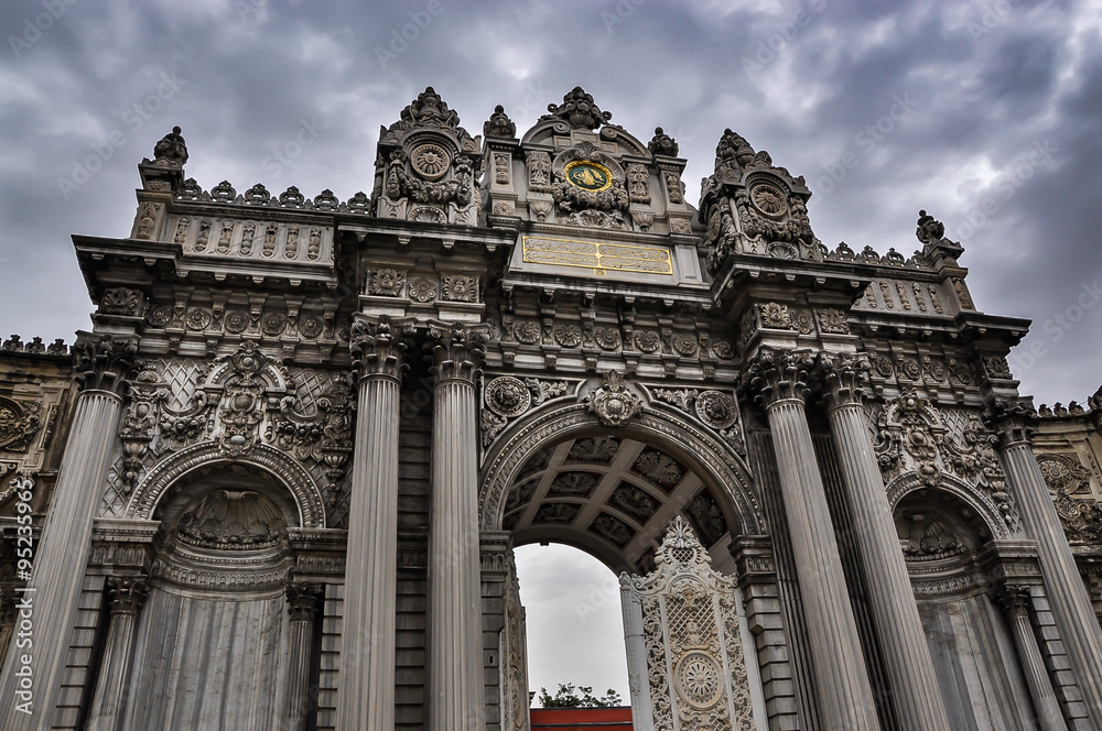 Main gate of the Dolmabahce Palace on a cloudy day, Istanbul, Turkey