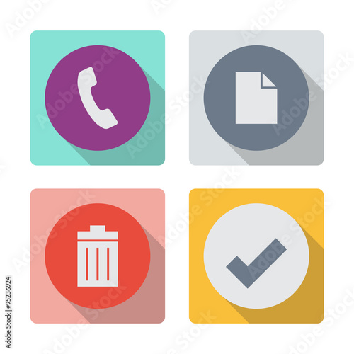 Buttons with shadow. Telephone receiver vector icon. Document icon paper sheet vector. Trash bin vector icon. Check mark, tick, yes, vote vector icon.