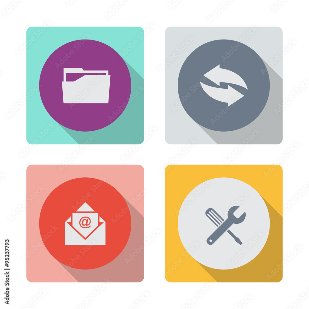 Buttons with shadow. File folder vector icon. Arrow vector icon. Email vector icon. Screwdriver and Wrench. Tools vector icon. Settings icon.