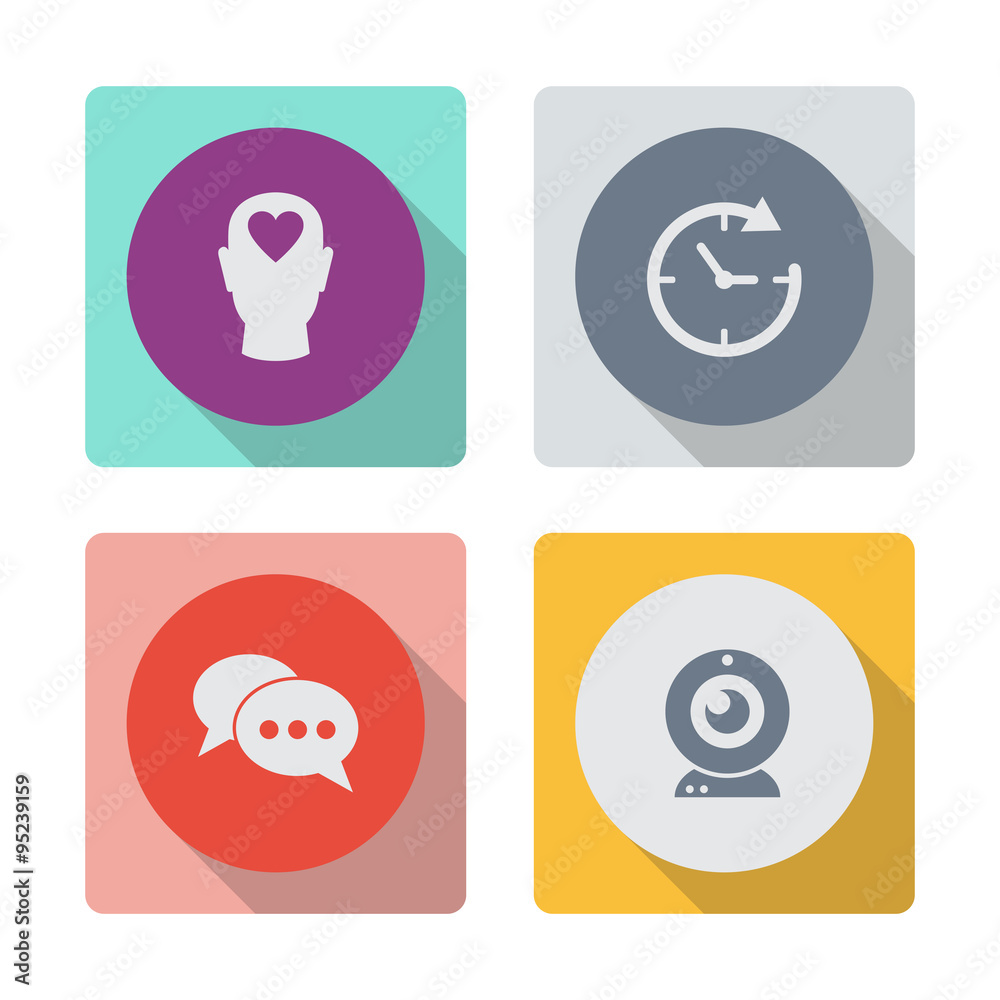 Buttons with shadow. Human head with heart vector icon. Watch vector icon. Speech bubbles vector icon. Webcam vector icon. Camera chat symbol. Buttons with shadow. Human head with heart vector icon. Watch vector icon. Speech bubbles vector icon. Webcam vector icon. Camera chat symbol.