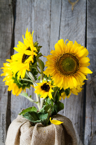 Sunflowers against rustic wood background