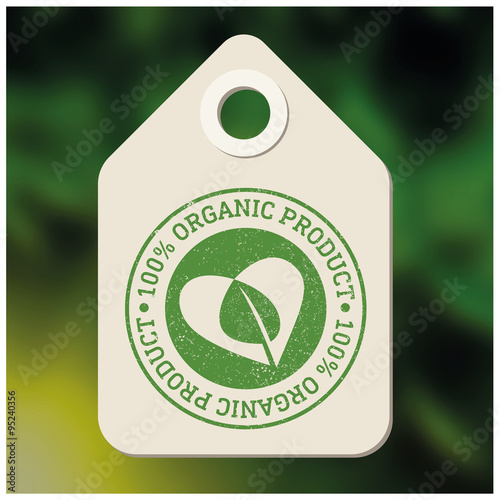 Organic product 100%, vector label tags with logo on blurred background leaves