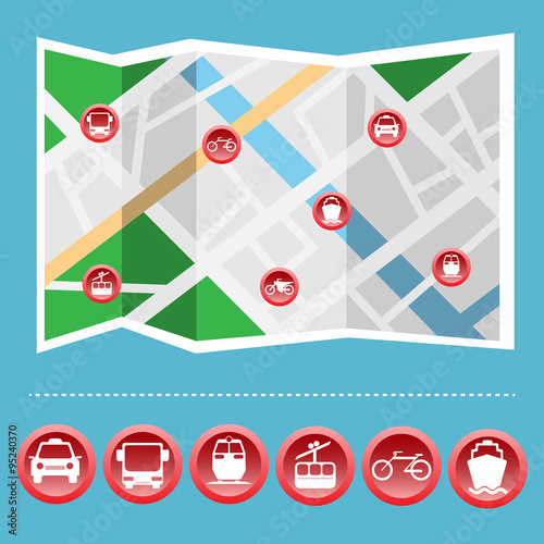 Transportation Colorful Icon Set on the Map