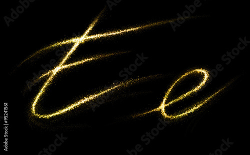 E letter of gold glittering stars dust flourish tail