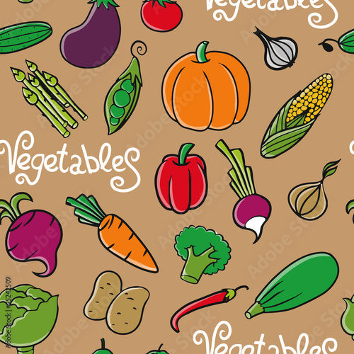 Fototapeta Naklejka Na Ścianę i Meble -  Cartoon vector vegetables seamless background. Perfect for print pack or designed menu.