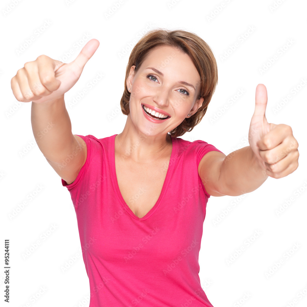 Portrait of a beautiful adult happy woman with thumbs up sign Portrait of a beautiful adult happy woman with thumbs up sign
