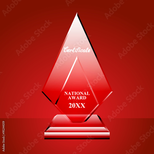 Crystal trophy certificate design template on red background. Vector Illustration