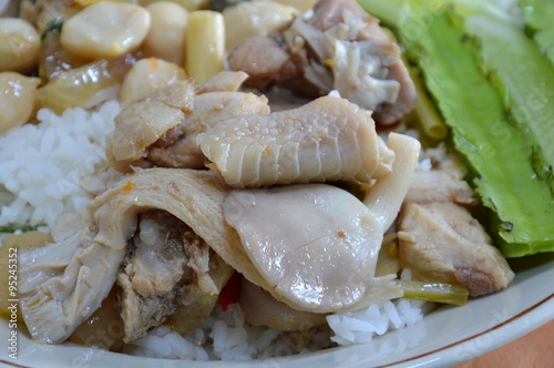 spicy boiled chicken with mushroom on rice