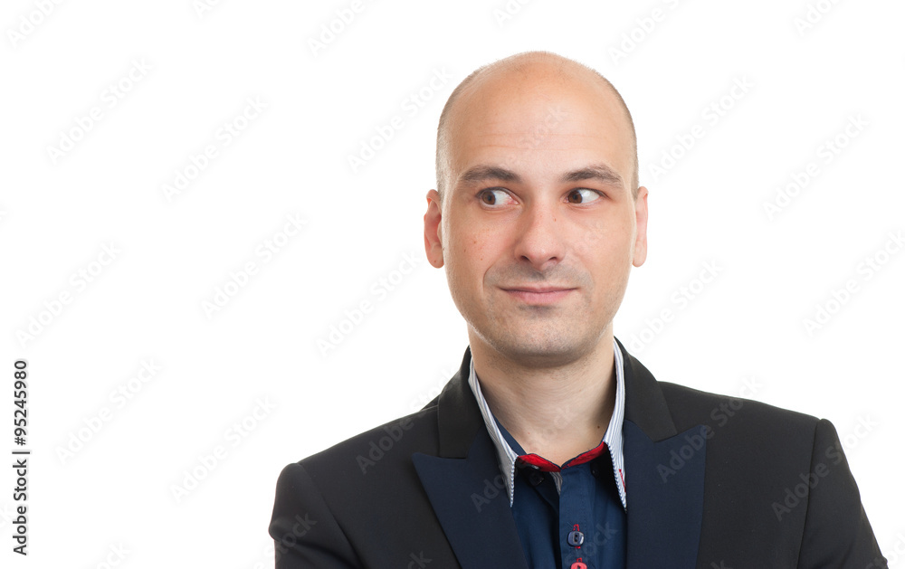 handsome bald man looking to copy space handsome bald man looking to copy space