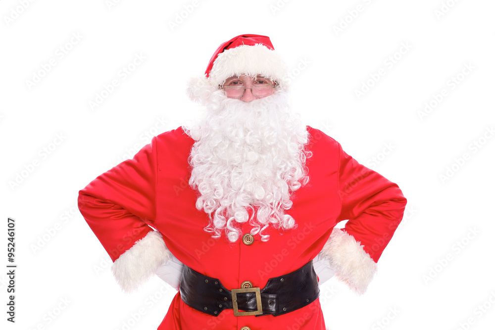 Kind Santa Claus pointing in white blank sign, isolated on white background