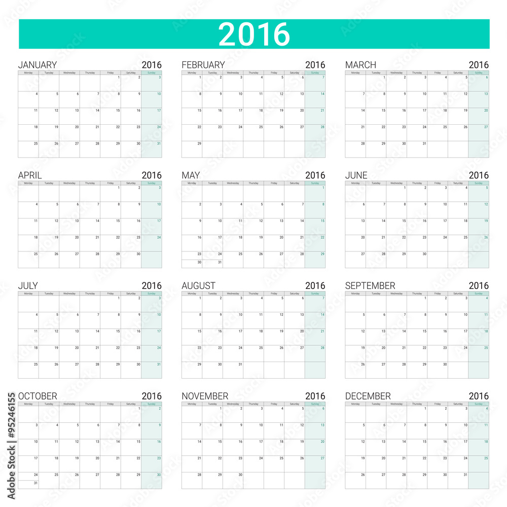 2016 twelve month calendar