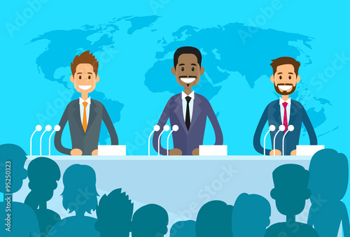 Conference International Leaders Arabic Indian Jew President, People Group Silhouettes at Conference Meeting Flat Vector Illustration