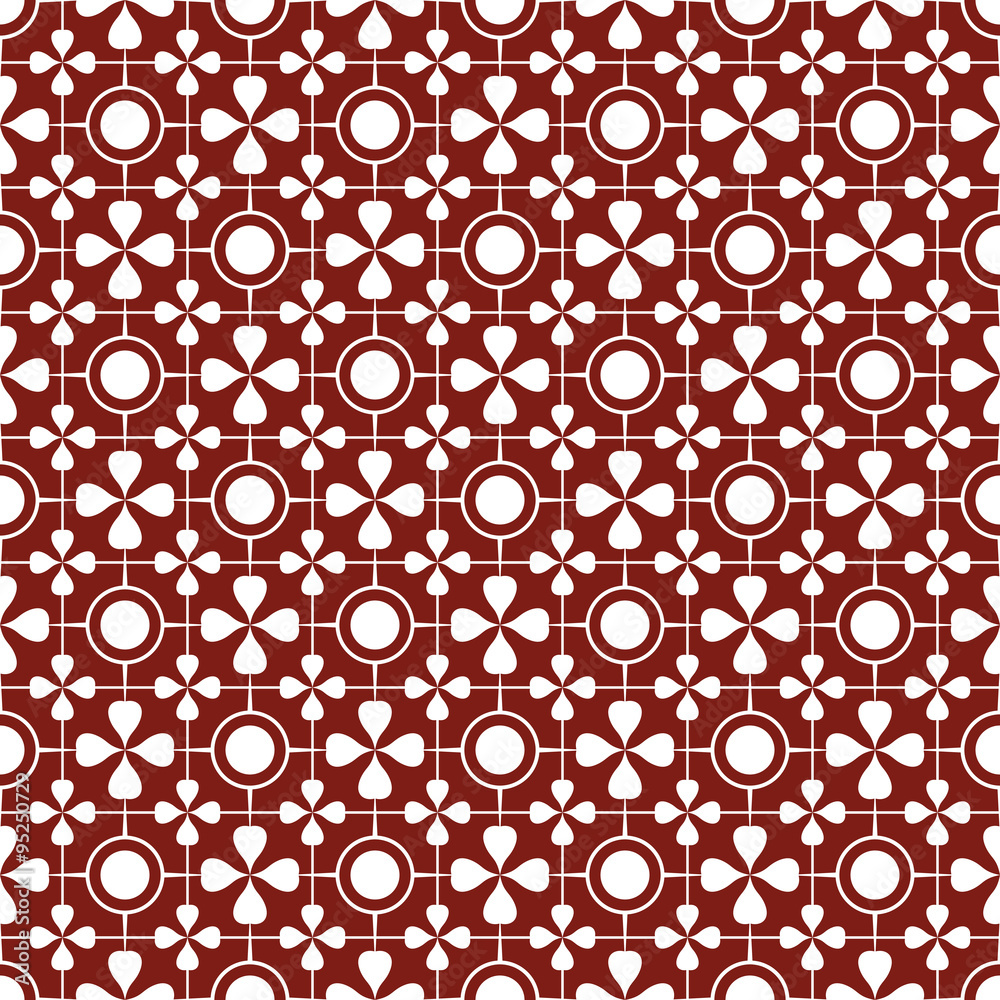Bright seamless pattern of circles and petals. Red and white.