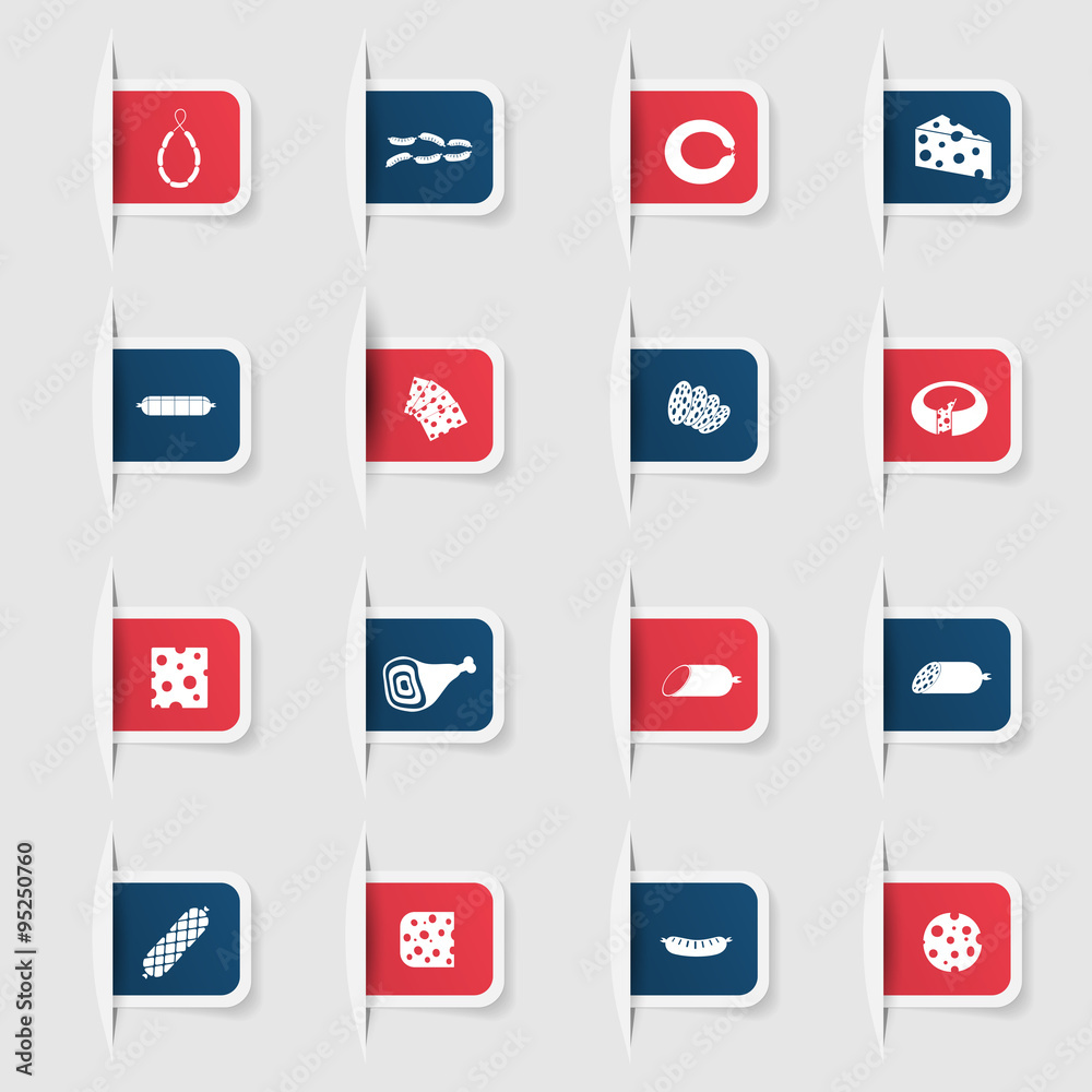 Set, a collection of unique paper stickers cheeses and sausages