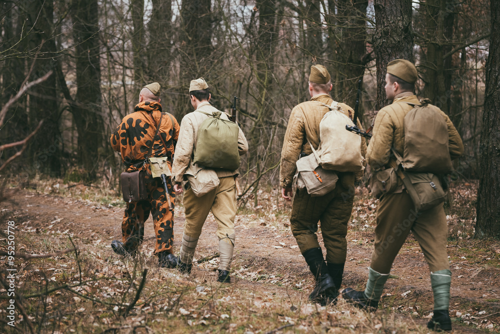 Group of unidentified re-enactors dressed as Russian Soviet sold Group of unidentified re-enactors dressed as Russian Soviet sold