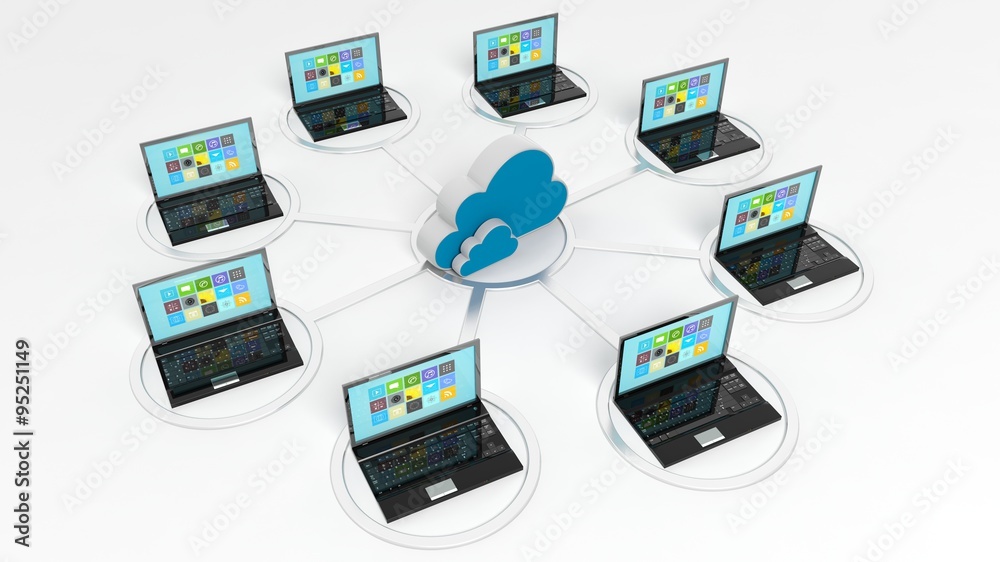 Cloud icon with laptops around it, isolated on white background