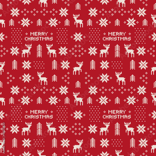 seamless retro red christmas pattern with deers, trees and snowflakes