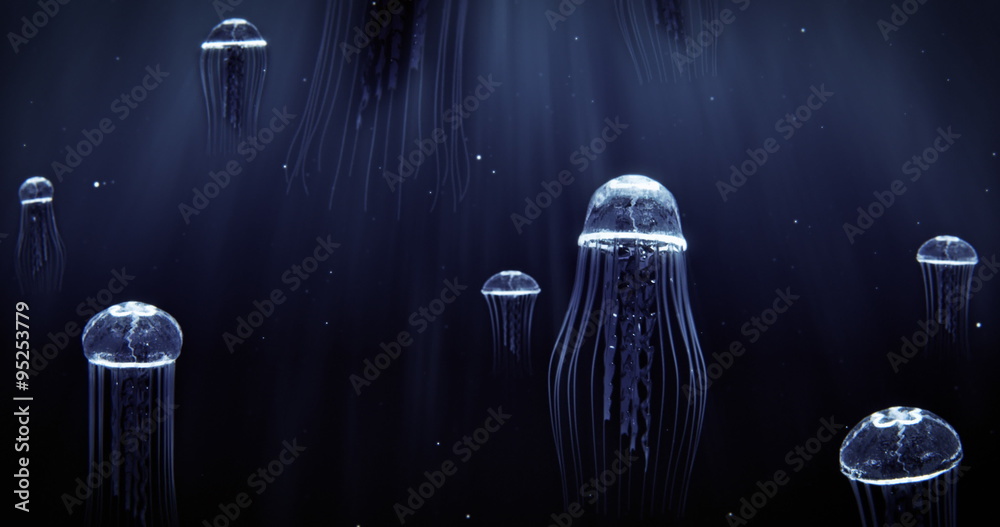 Jellyfish Swimming in Deep Dark Ocean 4k Loop Blue