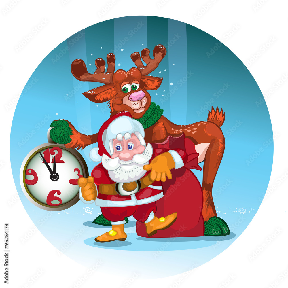 Naklejka premium Cheerful Santa with the deer give gifts.