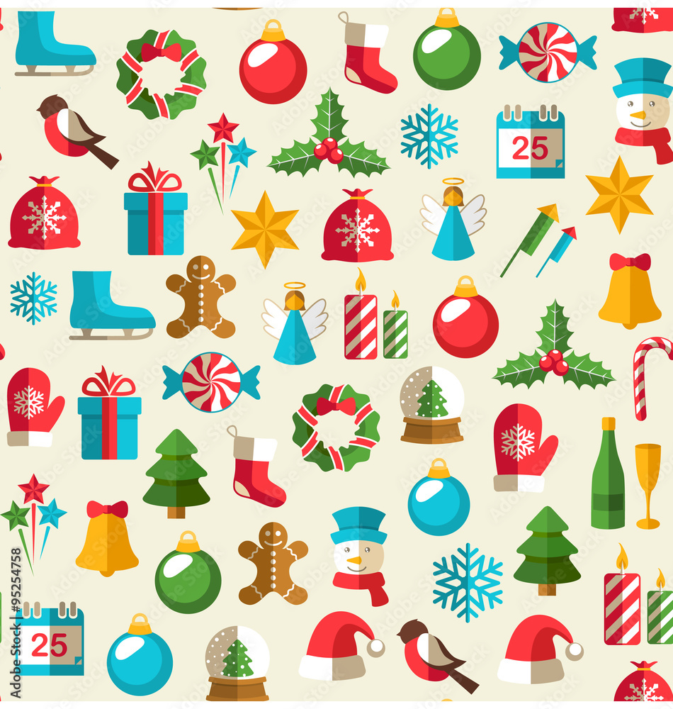 Seamless Winter Pattern with Christmas Flat Icons Isolated on Be