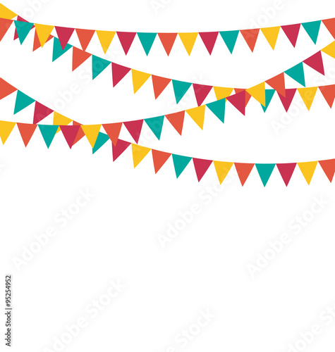 Multicolored bright buntings flags garlands isolated on white ba