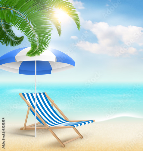 Fototapeta Naklejka Na Ścianę i Meble -  Beach with palm clouds sun beach umbrella and beach chair. Summe