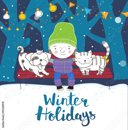 Cute boy hugs his lovely friends dog and cat. Sitting on a bench. Holidays illustration.