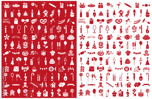 icons birthday on red and white