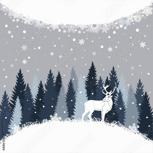 Vector background with winter forest  snow and deer. 