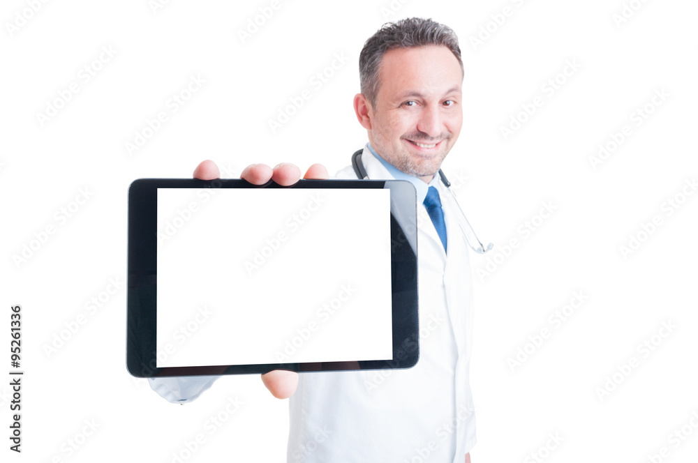 Doctor or medic showing tablet with blank display Doctor or medic showing tablet with blank display