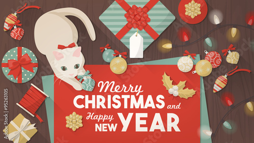 Merry Christmas banner with cat