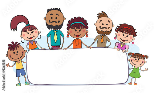 Happy and funny people  stand around a large banner, poster, pos