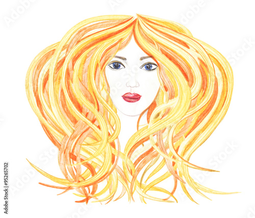 Beautiful woman with orange hair.Drawn colorful pencils